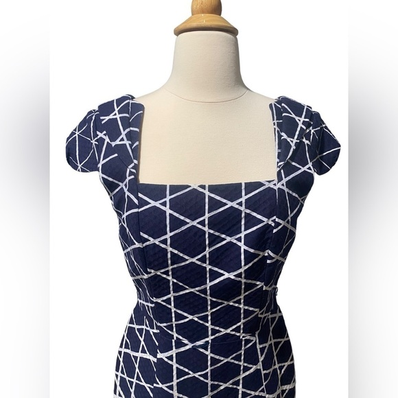 Blue/White David Meister Short-Sleeved Midi Cocktail Dress-size 4 - Picture 2 of 6